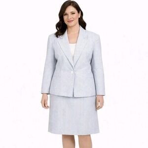 Vintage HENRY‎ LEE Size 14P Blue White Classic Seersucker 2pc Skirt Suit Office